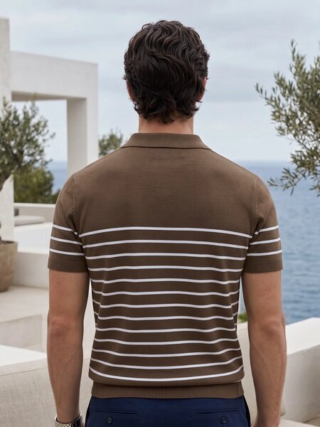 Golden Brown Striped Knitted Zipper Polo (SKZP-075)