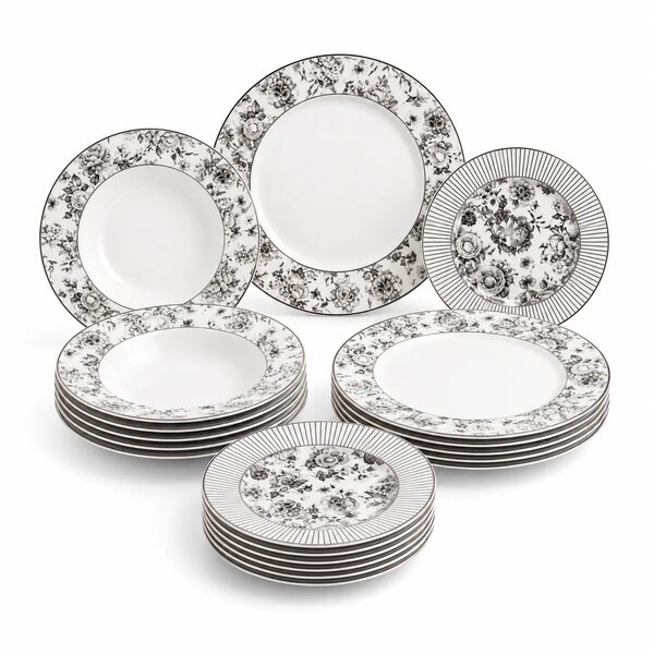 Premium Porcelain Plate Set | Elegant Black Floral Dinnerware for 6 Persons