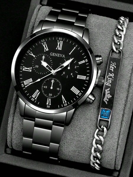 Shein - 2pcs/Set Fashionable Business Men's Round Black Steel Band Quartz Watch