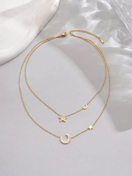 Shein - 18K Gold Plated Double Layer Purple Abalone Star & Moon Stainless Steel Necklace