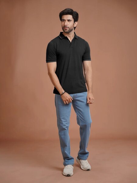 Black Plain Contrast Tipping Half Sleeves Polo T-Shirt (POLO-1004)