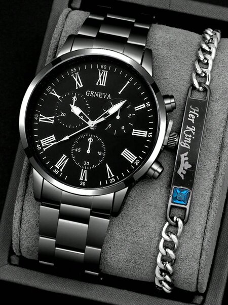 Shein - 2pcs/Set Fashionable Business Men's Round Black Steel Band Quartz Watch