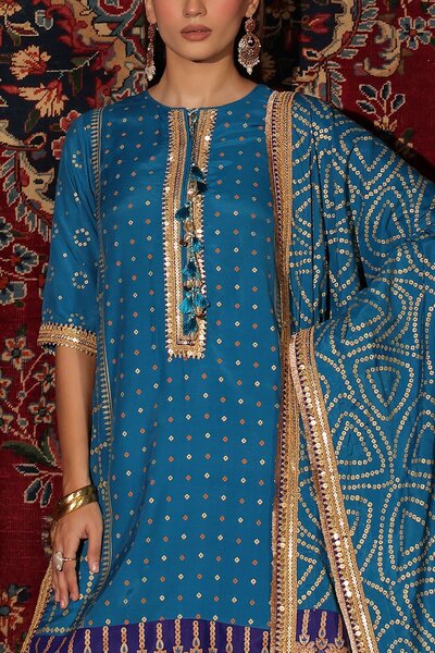 3 Piece Embroidered Raw Silk Suit