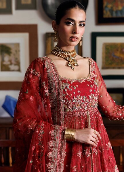 Marwa by Maryam Hussain Unstitched Embroidered Organza 3 Piece Suit Crimson - Wedding Collection