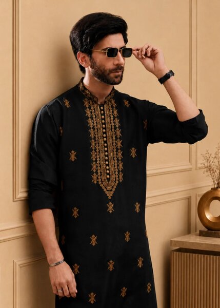 TGM Mens RTW Chikankari Chikankari Kurta Pajama Suit Aeron Black Festive Collection