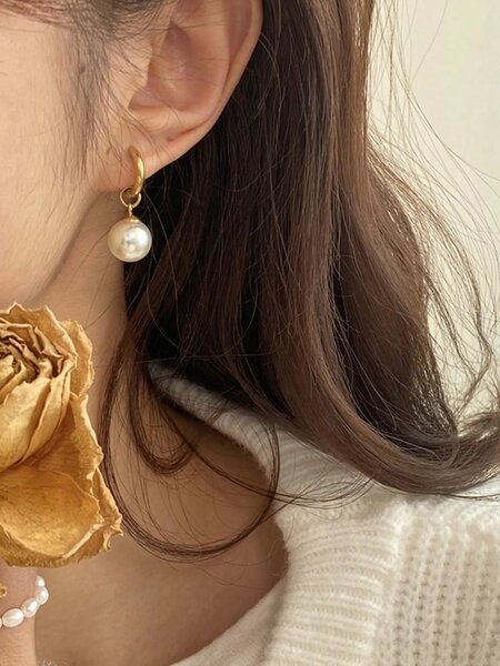 Shein - Stainless Steel Waterproof Gold Chic & Simple White Faux Pearl Necklace & Earrings Set, Perfect For Women Daily Wear