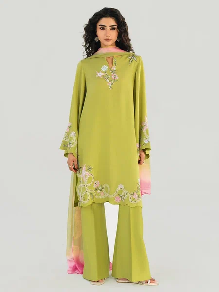 OLIVE LIME - 3pcs Khaddi Silk Ensemble