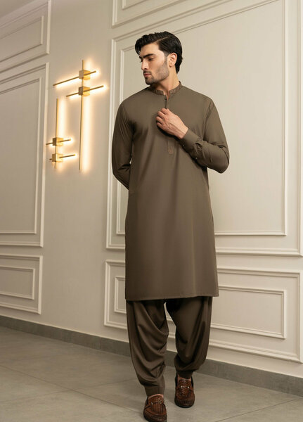 Stylish Garments Mens RTW Embroidered Wash N Wear Kurta Shalwar Suit Olivya Casual Collection