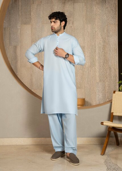 Buraq Men RTW Solids Wash N Wear Kurta Shalwar Suit Sky Blue Casual Collection