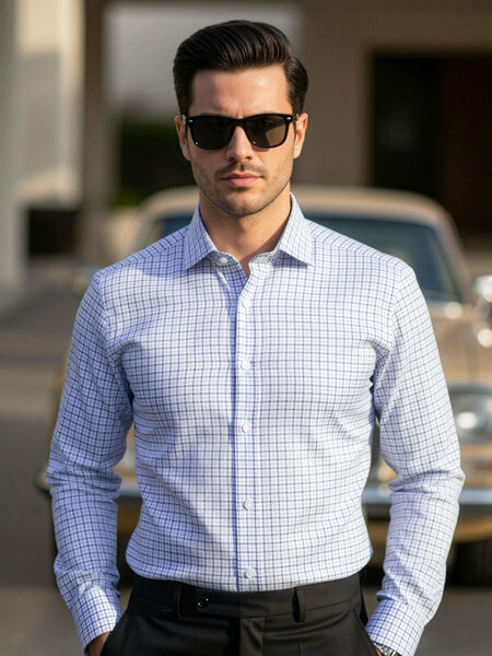 White & Blue Checkered, Elite Edition, Cutaway Collar Men’s Formal Shirt (FS-2633)