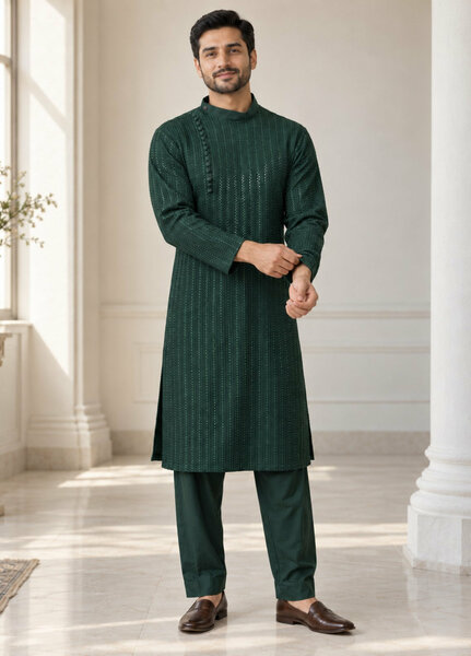 TGM Mens RTW Chikankari Chikankari Kurta Pajama Suit Eminence Green Festive Collection
