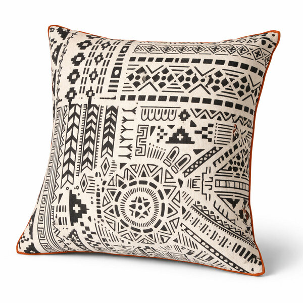 Black Tribal Boho Cushion Cover 18x18 Inch – Ethnic Geometric Screen Printed Off White Pillow Cover