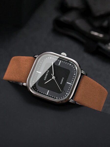 Shein - 1pc Men's Fashion Casual Rectangular Simple Scale Dial Classic Quartz Wrist Watch, Without Watch Box