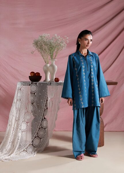 Sahar Women Embroidered Dobby 2 Piece Suit Washed Sky - Casual Collection