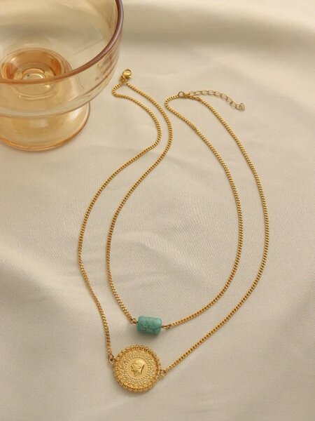 Shein - 1pc Elegant Minimalist Stainless Steel Copper Alloy Gold-Plated Coin Bead Multi-Layer Necklace