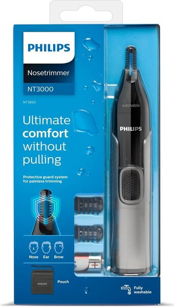 Philips Nose Hair Trimmer, Series 3000 Nose, Ear And Eyebrow Trimmer Showerproof With Protective Guard System, Battery Operated, No Pulling Guaranteed Nt3650/16, Grey