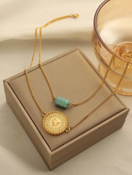 Shein - 1pc Elegant Minimalist Stainless Steel Copper Alloy Gold-Plated Coin Bead Multi-Layer Necklace