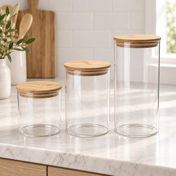 3 Piece Glass Jar Set with Wooden Lid & Tray | Stylish Kitchen Storage Containers