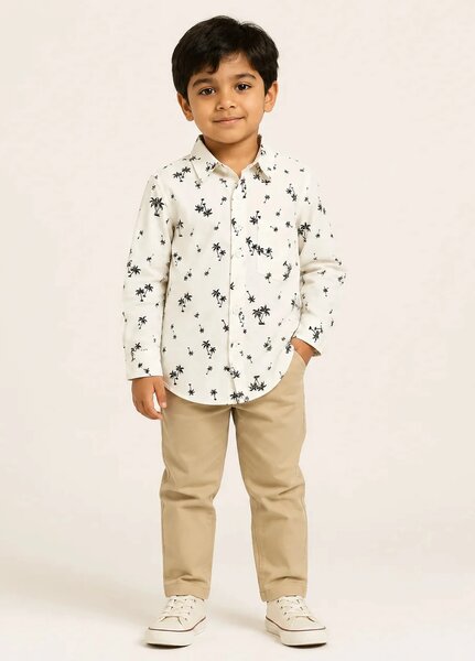 Lambkin Kids RTW Printed Cotton 1 Piece White Palm Boys Shirt - Casual Collection