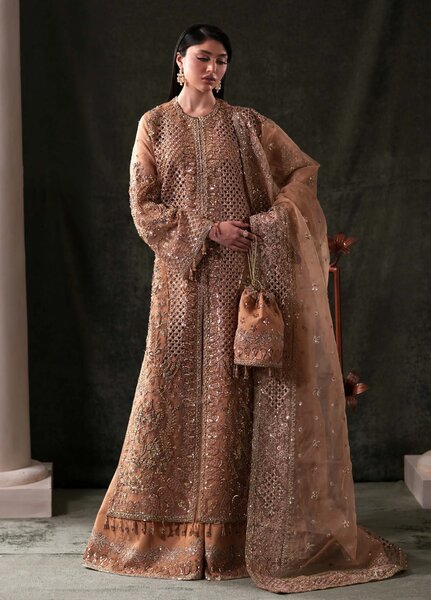 Starlet Jewels by Emaan Adeel Unstitched Embroidered Organza 3 Piece Suit EA26USF Hessonite - Wedding Collection