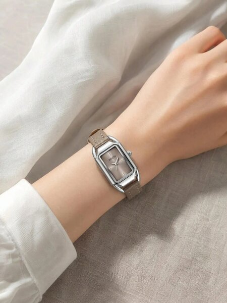 Shein - Casual Rectangular Small Dial Watch, Litchi Grain Leather Strap