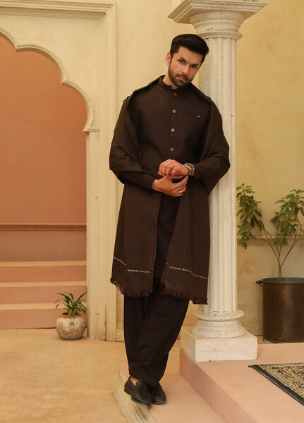 Mazham Mens Shawls Textured Wool 1 Piece Dark Chocolate Brown Winter Collection