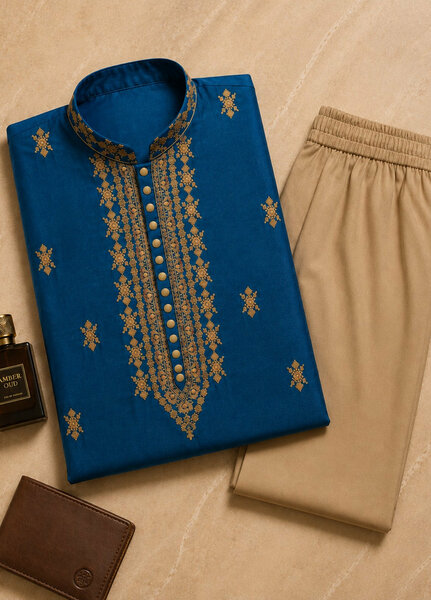 TGM Mens RTW Chikankari Chikankari Kurta Pajama Suit Aeron Blue Festive Collection