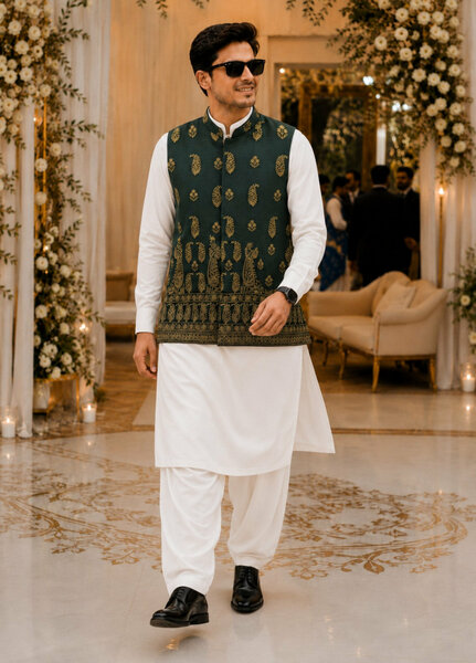 TGM Mens RTW Textured Blended Cotton 3 Piece Suit Artisan Sage Festive Collection