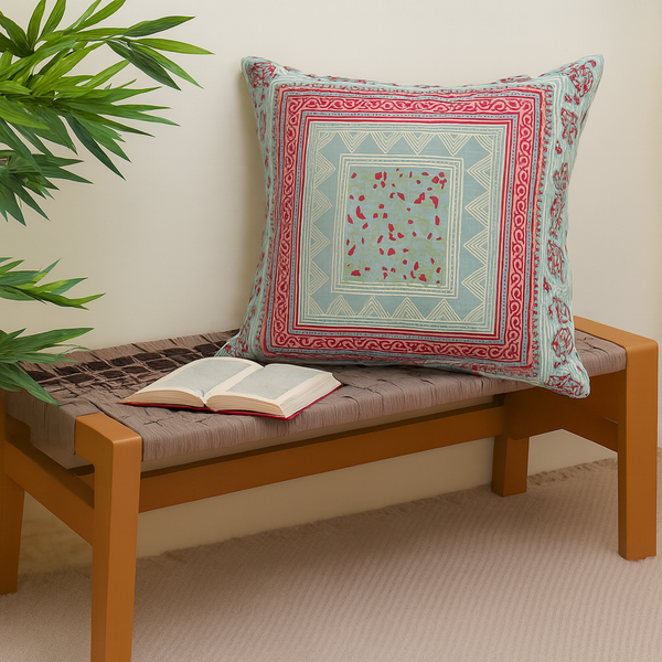 Noor Jaal Cotton Cushion Cover – 18x18 Inch Square Vintage Block Print Throw Pillow