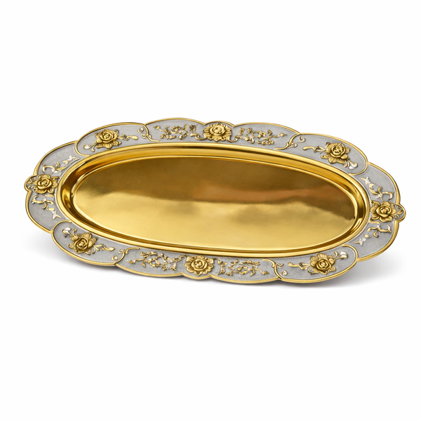 Golden Oval Serving Tray – Luxury Decorative Platter with Floral Embossed Border