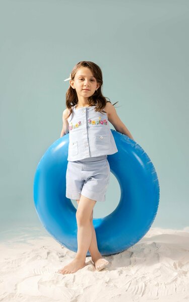 Marina | Two-piece cotton chambray set with floral hand embroidery
