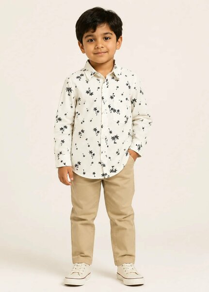 Lambkin Kids RTW Printed Cotton 1 Piece White Palm Boys Shirt - Casual Collection