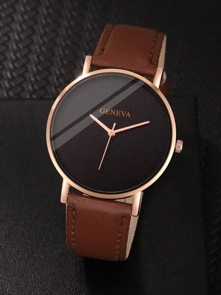 Shein - 3pcs/Set Men's Fashion Casual Round Pointer PU Leather Quartz Watch