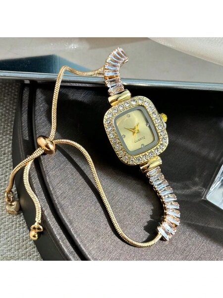 Shein - 1pc Women's Gold-Tone Zirconia Embedded Smooth Pull Style Bracelet Watch, Square Alloy Case Rhinestones