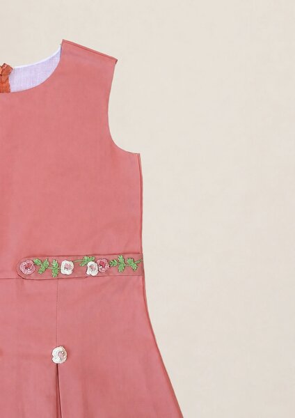 Melba | Cotton chambray frock with pleats and floral embroidered belt