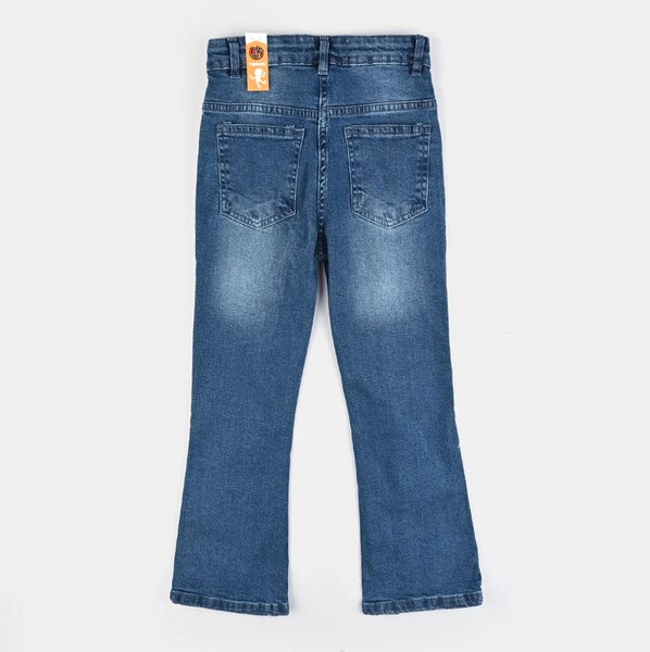 Girls Denim Stretch Pant Basic Flared Fit-Mid Blue