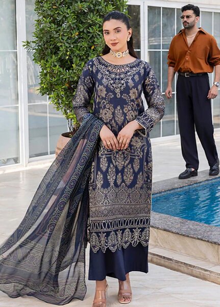 Zuri Pret Embroidered Lawn 3 Piece Suit Nureh JK-17 Navy Blue