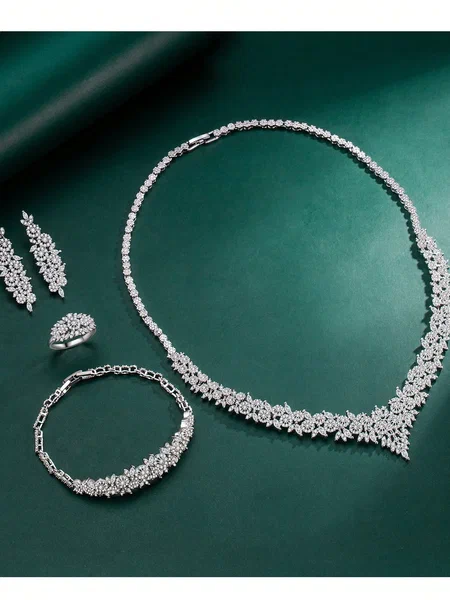 Shein - 5Pcs Rhodium Plated Cubic Zirconia Luxury Necklace, Bracelet, Earrings, Open Ring Jewelry Set