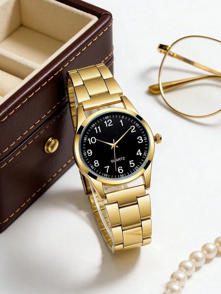 Shein - 1pc Luxury Elegant Gold-Tone Quartz Watch, Fashion Watch