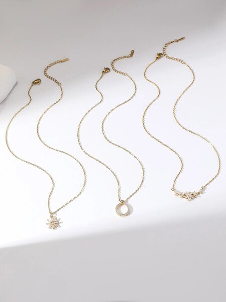 Shein - 3pcs/set Fashionable Elegant Necklace With Flower & Circle Shaped Design, Unique And Creative Jewelry For Women, Luxury Gift