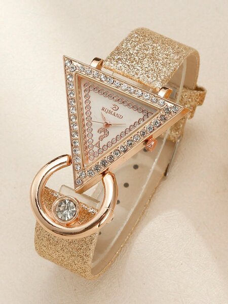 Shein - 1pc Diamond Studded Personalized Fashion Quartz Wristwatch & 3pcs Jewelry Set Including Creative Triangle Rutilated Quartz