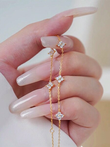 Shein - 1pc S925 Sterling Silver Bracelet - Floral & Rhinestone Design, Simple, Versatile; For Daily Wear, Gift For Best Friend, Girlfriend