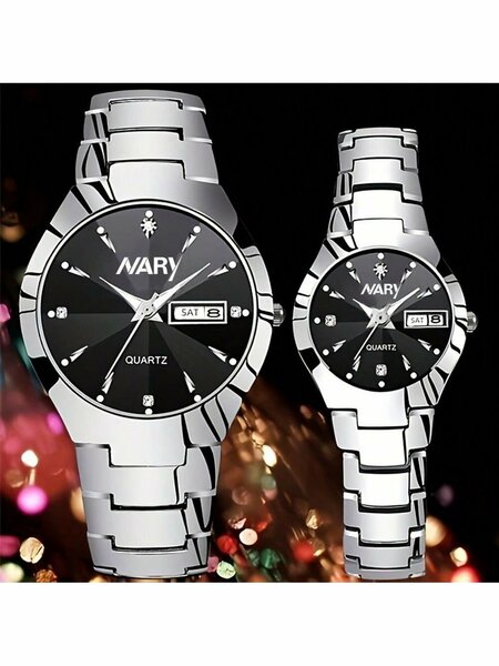 Shein - 2Pcs/Set Couple'S Quartz Watch With Calendar Function, Business & Fashion Design, Ideal Valentine'S Day Gift For Men & Women, Suitable For Daily Wear