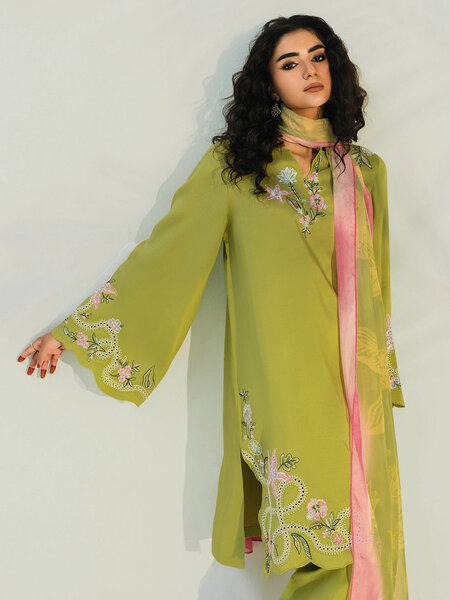OLIVE LIME - 3pcs Khaddi Silk Ensemble