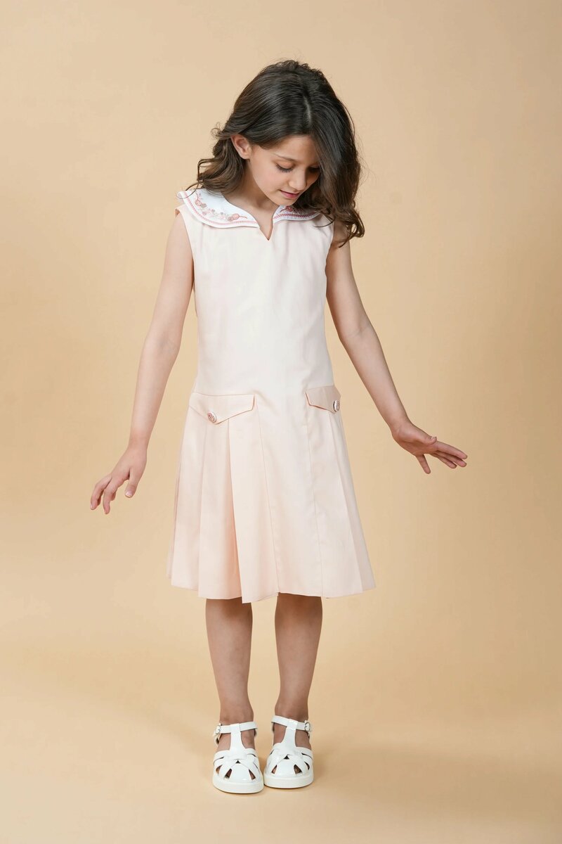 Pinkbird | Pure cotton dress with hand-embroidered collar & box pleat
