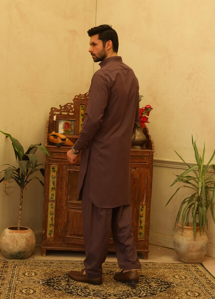 Mazham Mens Kameez Shalwar RTW Solids Blended 2 Piece Suit Dark Purple Casual Collection