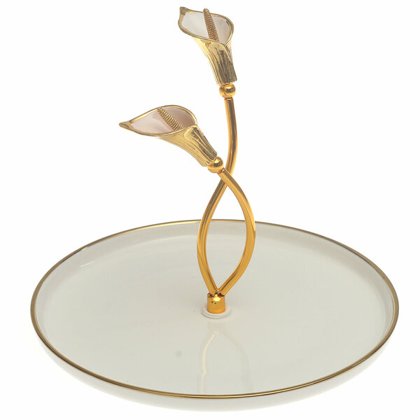 Gold & White Decorative Serving Platter 8 Inch – Elegant Glass Platter with Floral Handle