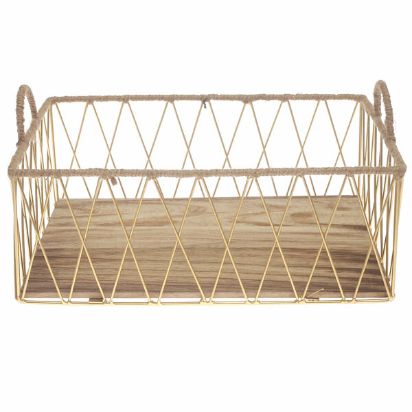 Large Gold Storage Basket with Wooden Base – Modern Metal Organizer