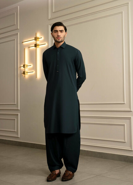 Stylish Garments Mens RTW Solids Wash N Wear Kurta Shalwar Suit Tale Green Plain Casual Collection