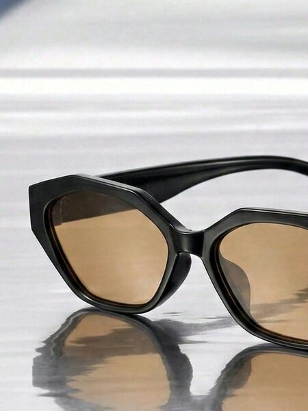 Shein - 1 Pair Women'S And Men'S Brown Polygon Retro Fashion Sunglasses